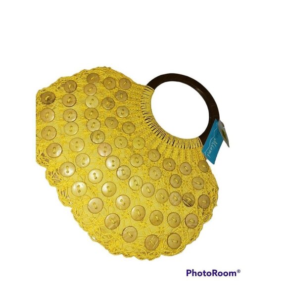 NWT BLUE MIAMI Handbag Purse Straw Woven Yellow Wooden Handles - Picture 2 of 6
